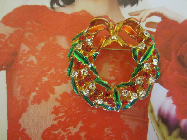 Jeweled Wreath Brooch Red Enamel Bow Crystal Floral Green Leaves - Designer Unique Finds 