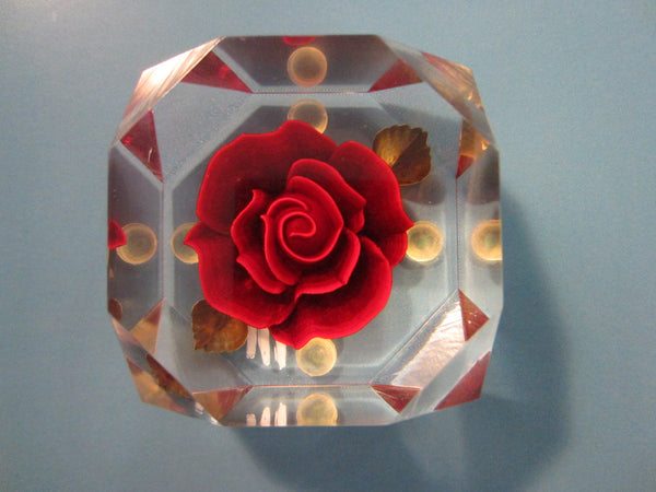 Lucite Paperweight Red Rose Green Leaves - Designer Unique Finds 