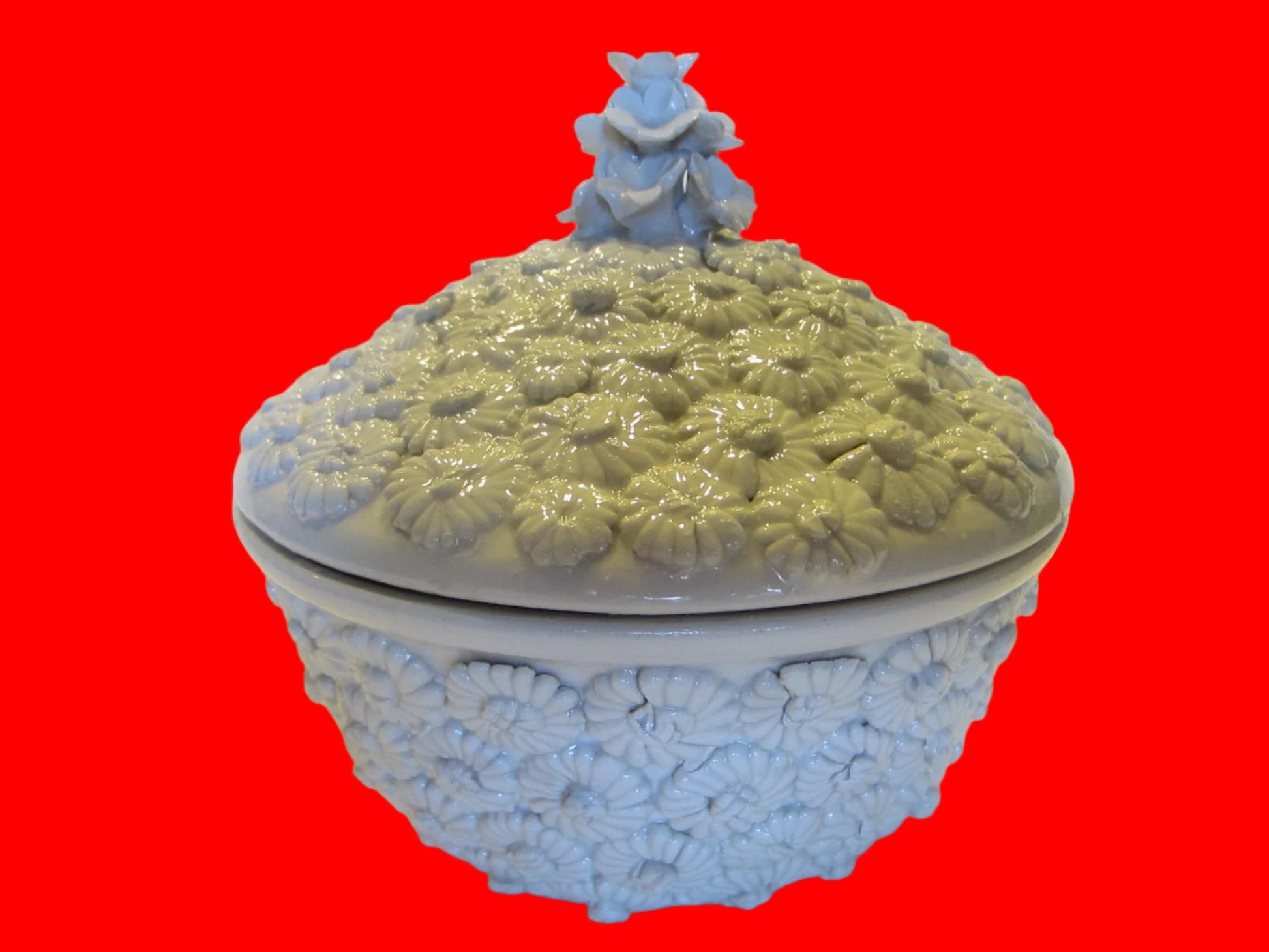 Italy Hand Crafted Porcelain White Flowers Box Majolica Daisies - Designer Unique Finds 