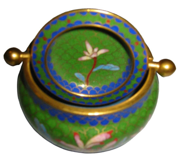 Asian Cloisonne Roll Top Brass Covered Bowl Lotus Flowers - Designer Unique Finds 
 - 4