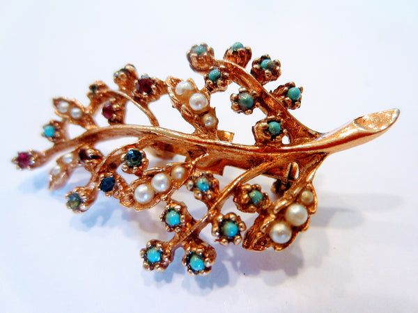 Leaf Brooch Golden Elaborates Multicolor Micro Gemstones