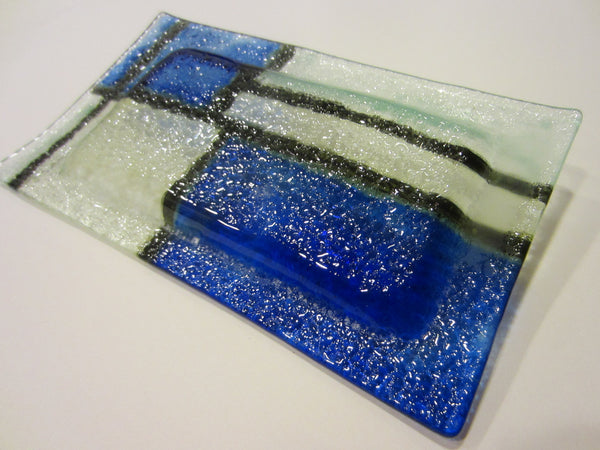 Venetian Glass Tray Blue Geometric Rectangle Dish - Designer Unique Finds 
