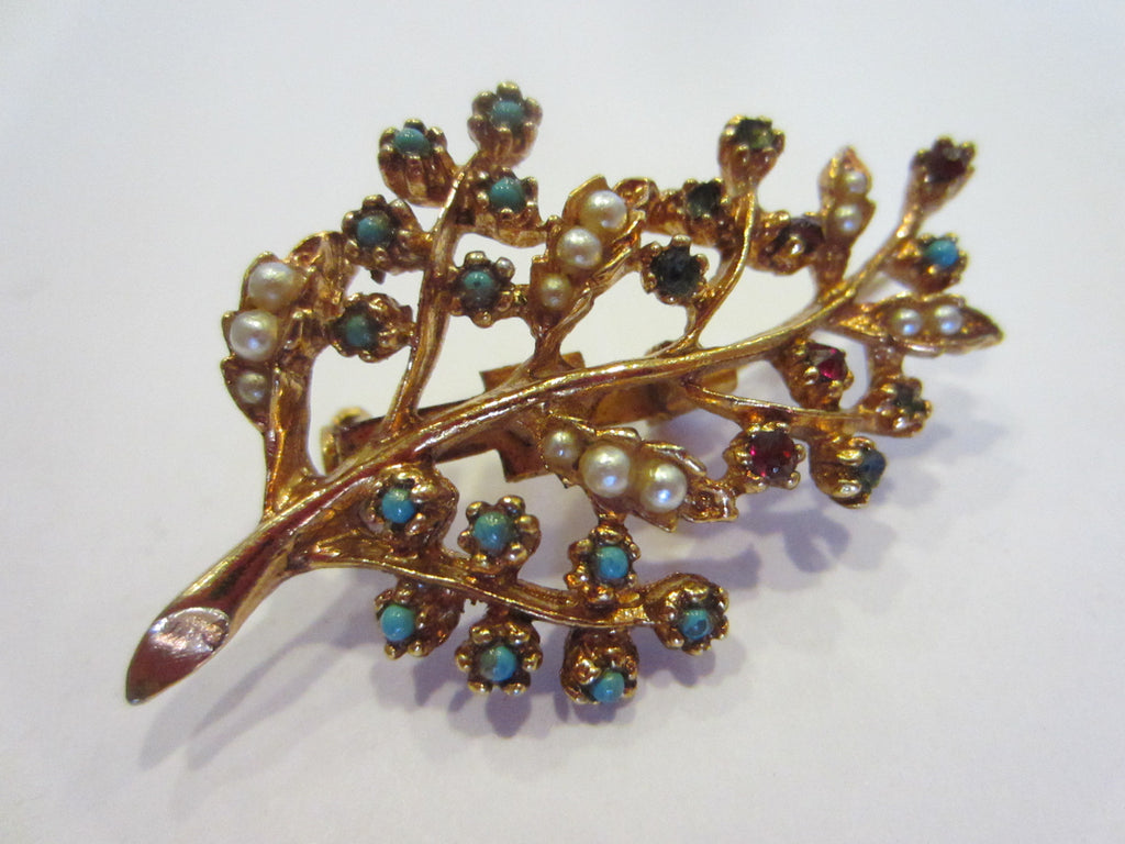 Gold Plated Leaf Brooch Decorated Turquoises Seed Pearls Ruby Stones - Designer Unique Finds 
 - 1