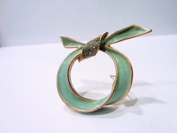 Les Bernard Blue Crystal Pave Green Enamel Loop Brooch