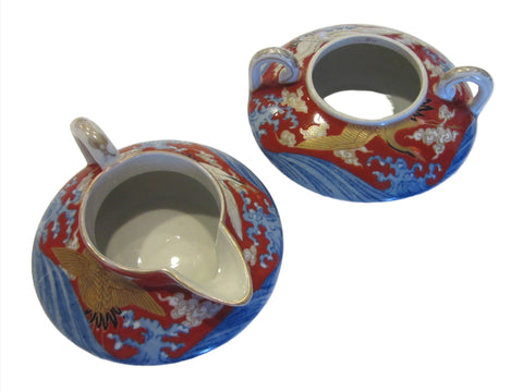 Porcelain Sugar Cream Bowl W Handle Golden Blue Birds Hand Painted Marked Stamped - Designer Unique Finds 