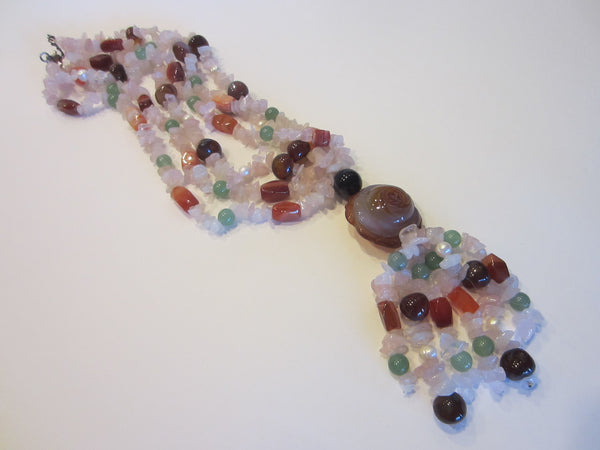 Rose Cut Carnelian Quartz Tassel Motif Multi Strands Beads Necklace - Designer Unique Finds 