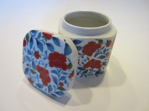 San Francisco Counterpoint Porcelain Tea Caddy Red Clove Flowers - Designer Unique Finds 
