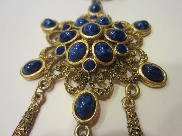 Starburst Necklace Blue Cabochons Flower Brass Pendant Chain Necklace - Designer Unique Finds 