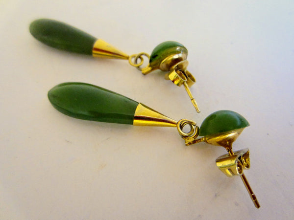 Green Nephrite Jade Drop Gold Pierced Earrings