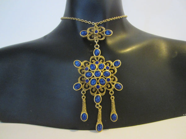Starburst Necklace Blue Cabochons Flower Brass Pendant Chain Necklace - Designer Unique Finds 