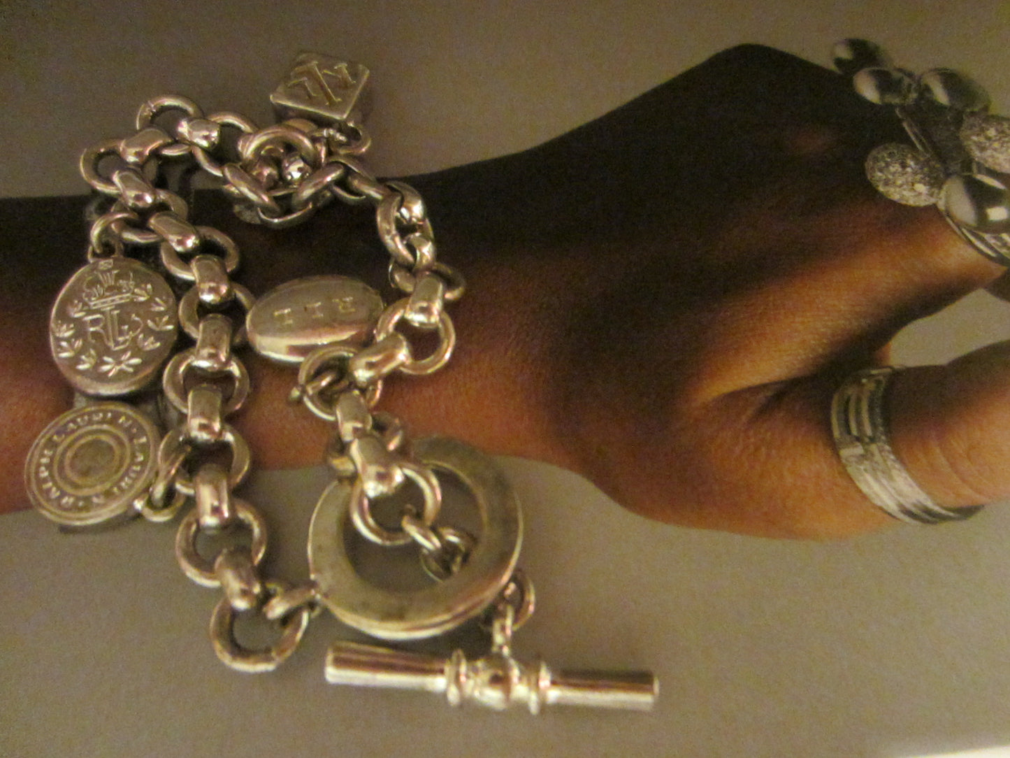 Ralph Lauren Silver Charm Bracelet Link Chain Toggle Clasp - Designer Unique Finds 