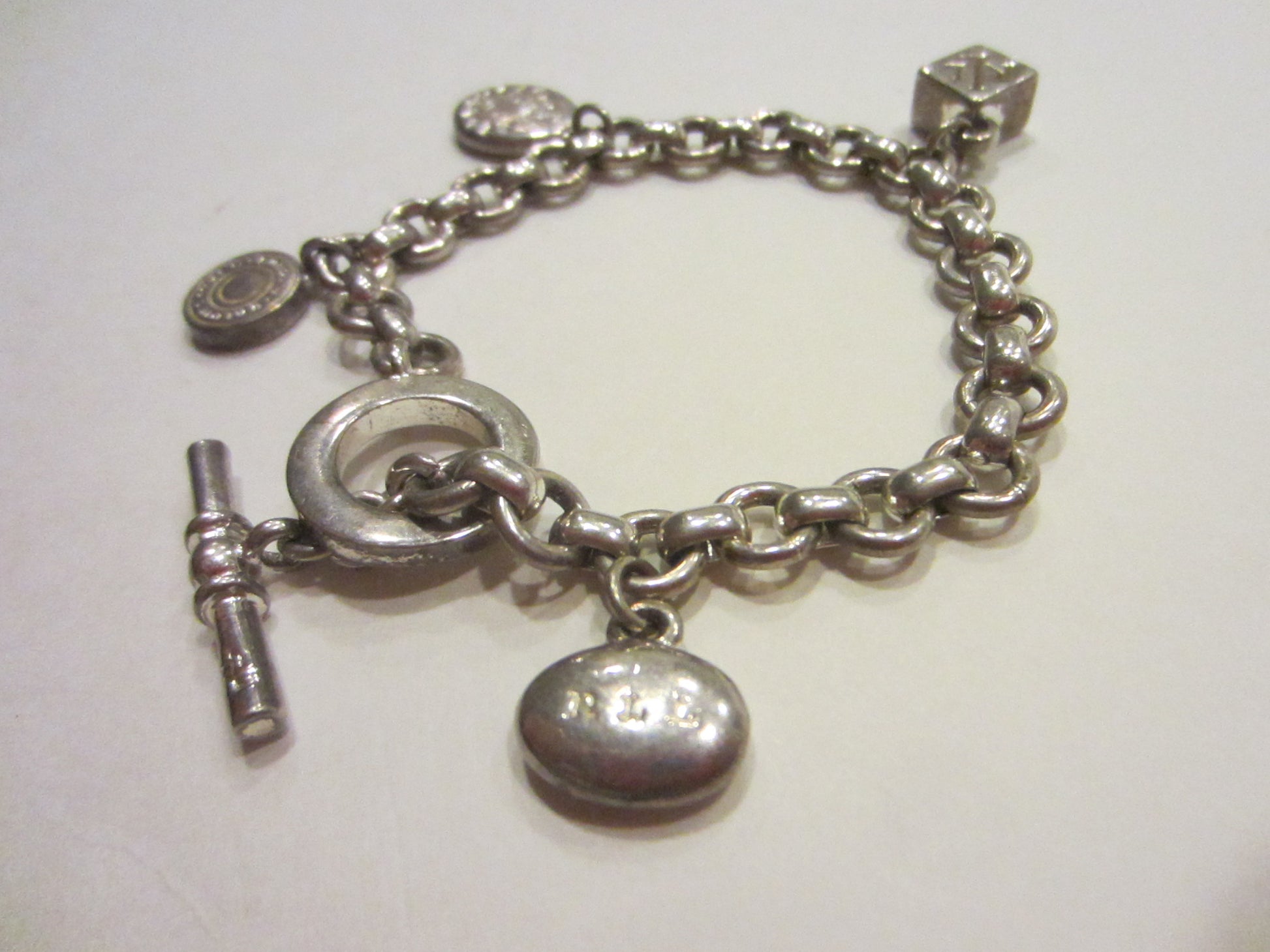Ralph Lauren Silver Charm Bracelet Link Chain Toggle Clasp - Designer Unique Finds 