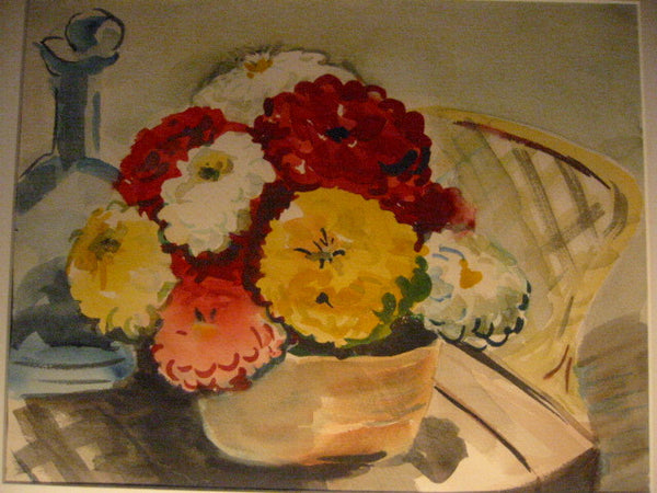 Still Life Watercolor Folk Art Flowers In Basket - Designer Unique Finds 