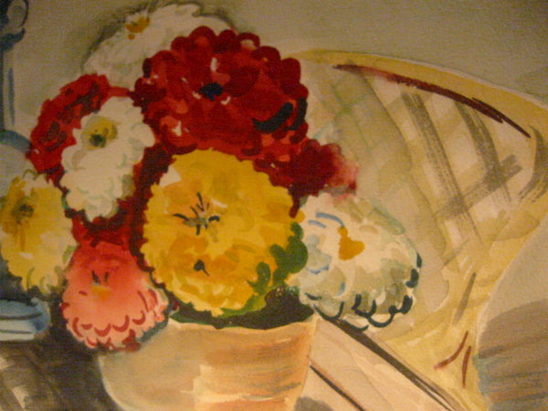 Still Life Watercolor Gouache Folk Art Painting Flowers In Basket