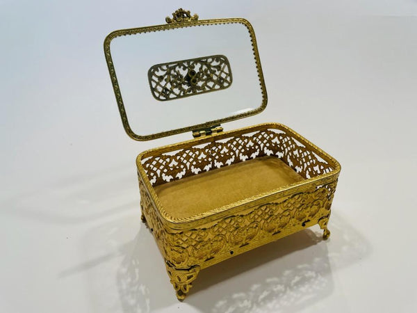 Matson Brass Jewelry Box Beveled Glass Flip Top Filigree Footed