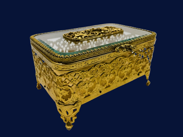 Matson Brass Jewelry Box Beveled Glass Flip Top Filigree Footed