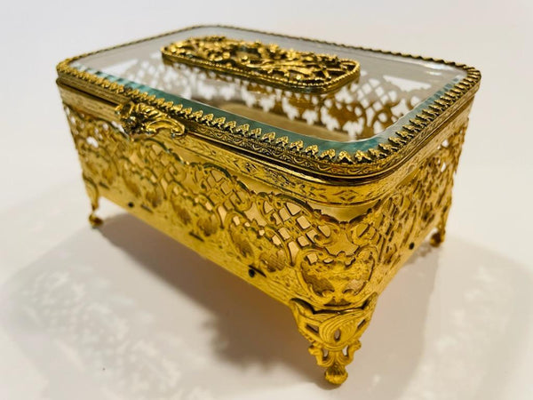 Matson Brass Jewelry Box Beveled Glass Flip Top Filigree Footed