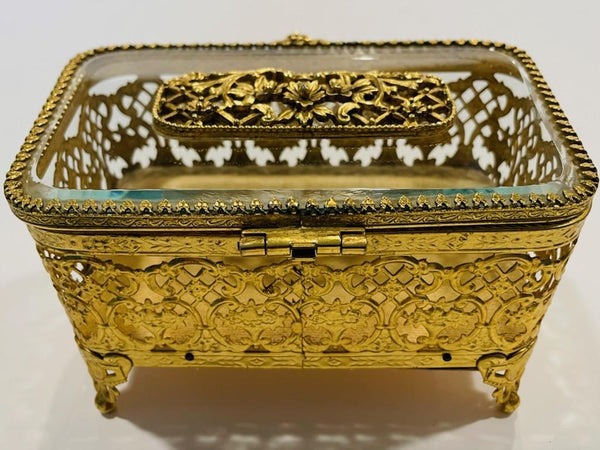 Matson Brass Jewelry Box Beveled Glass Flip Top Filigree Footed