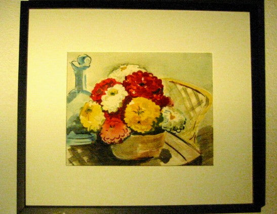 Still Life Watercolor Gouache Flowers In Basket 