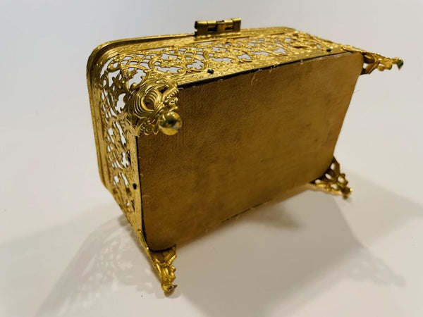 Matson Brass Jewelry Box Beveled Glass Flip Top Filigree Footed