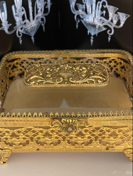 Matson Brass Jewelry Box Beveled Glass Flip Top Filigree Footed