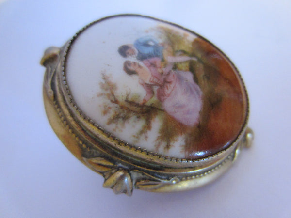 Victorian Porcelain Brooch Hand Painted Romance Scene Marked - Designer Unique Finds 
 - 1