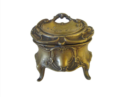 Art Deco Bronze Jewelry Box Decorated Flowers Scrolled Raised Footed