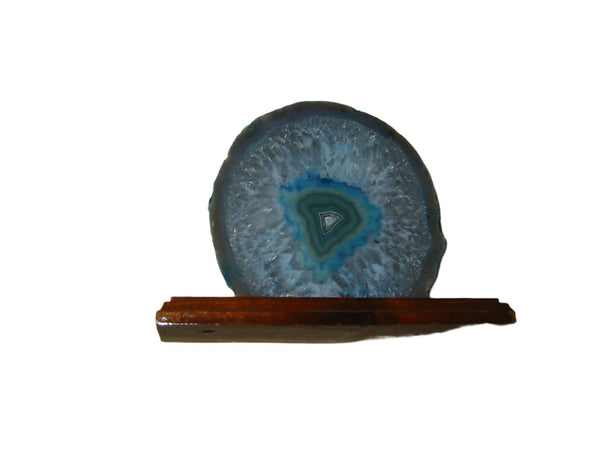 Sliced Blue Brazilian Agate On Wood Stand - Designer Unique Finds 