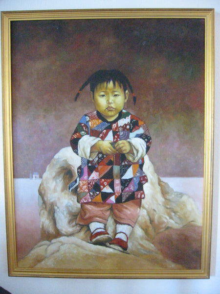 Chinese Child Portrait Oil On Canvas Painting