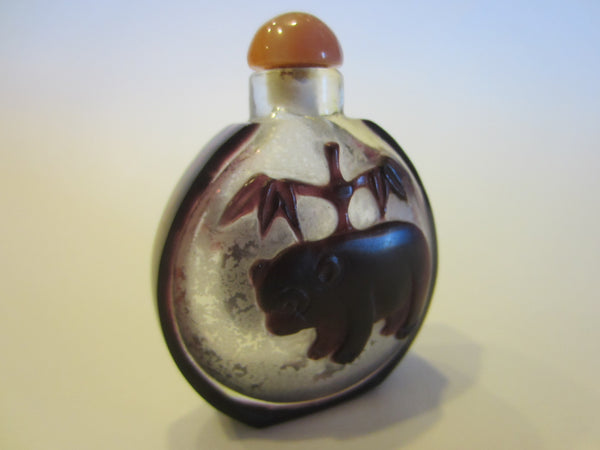 Chinese Miniature Glass Overlay Snuff Bottle Aubergine Panda Bear