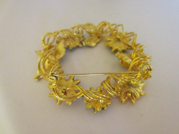 Mid Century Enamel Wreath Golden Flower Brooch - Designer Unique Finds 
 - 4