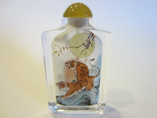 Interior Painted Glass Snuff Bottle Amber Stopper Moon Over Tiger - Designer Unique Finds 