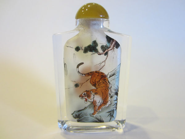 Interior Painted Glass Snuff Bottle Amber Stopper Moon Over Tiger - Designer Unique Finds 