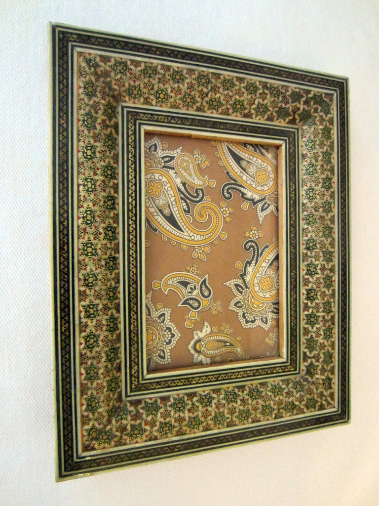 Persian Khatam Inlaid Wood Photo Frame Miniature Gilt Work Decorated - Designer Unique Finds 