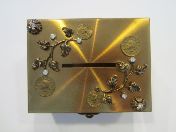 Brass Floral Crystals Folk Art Footed Coin Bank