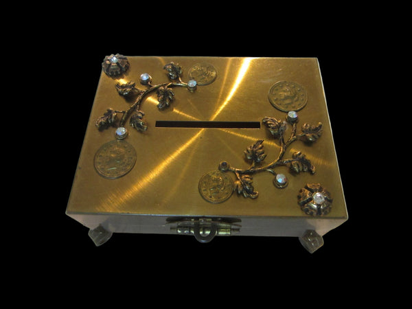Folk Art Brass Floral Footed Jeweled Coin Bank 