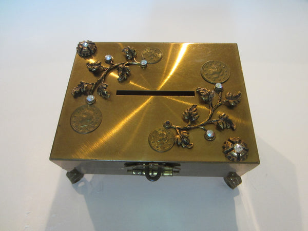 Brass Floral Crystals Folk Art Footed Coin Bank