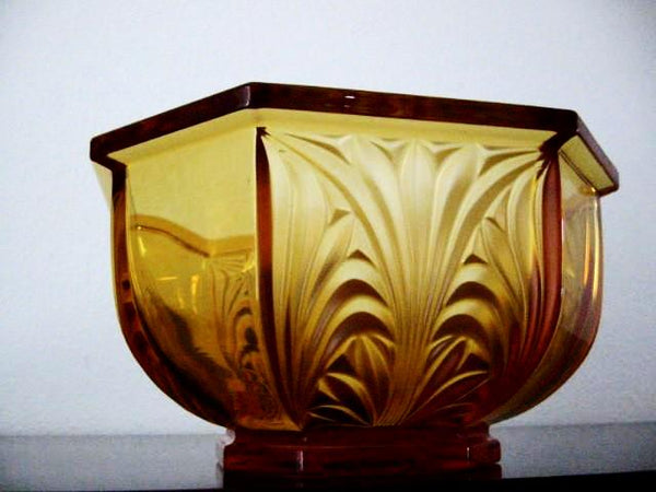 Hexagonal Amber Crystal Bowl Floral Relief From Germany - Designer Unique Finds 
 - 1