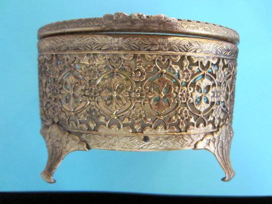 Filigree Brass Footed Oblong Dresser Box Hinged Textile Interior - Designer Unique Finds 