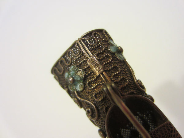 Silver Mesh Gold Plated Cloisonne Finger Guard Brooch Precious Stone Cabochons - Designer Unique Finds 