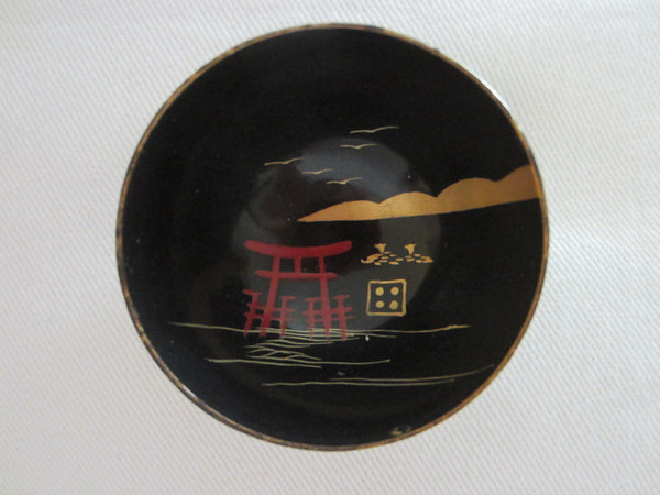 Black Japanese Lacquered Box Miniature Gilt Decorated Painted Nesting Bowls - Designer Unique Finds 