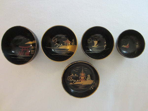 Black Japanese Lacquered Box Miniature Gilt Decorated Painted Nesting Bowls - Designer Unique Finds 