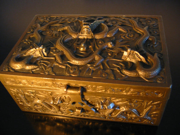Early 20th Century Chinese Brass Tobacco Box Flying Dragons Humidor Interior Marked 