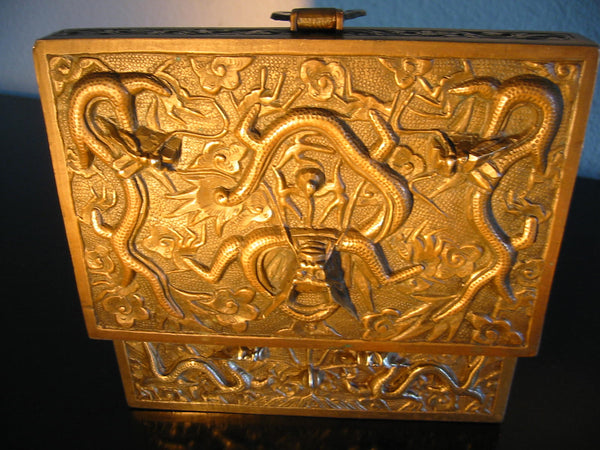 Chinese Brass Humidor Box Early 20th Century Period Flying Dragons Sandalwood Lined - Designer Unique Finds 
 - 5