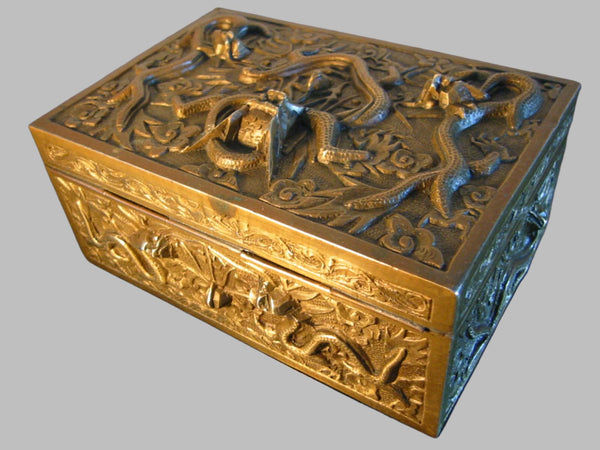 Early 20th Century Chinese Brass Humidor Tobacco Box Flying Dragons