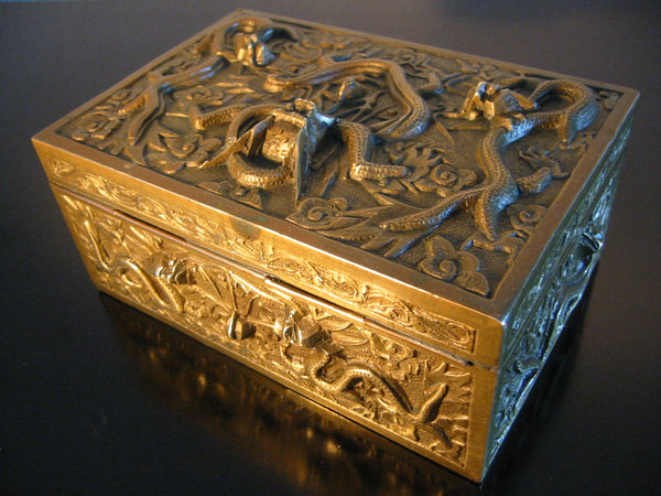 Early 20th Century Chinese Brass Humidor Tobacco Box Flying Dragons