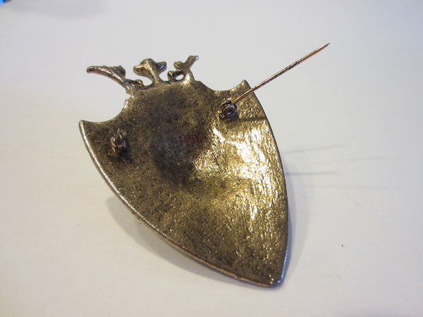 Crown Brass Brooch Crested English Coat of Arm Fleour D Elise - Designer Unique Finds 
