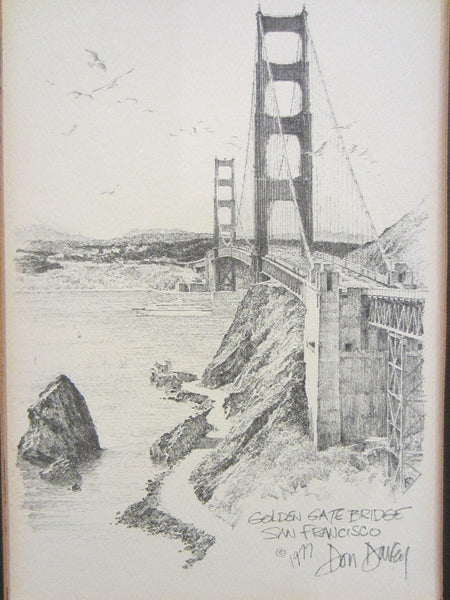 Don Davey San Francisco Golden Gate Bridge Mid Century Charcoal Art