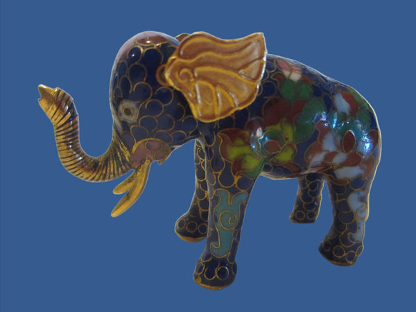 Cloisonne Elephant Art Golden Tusk Floral Enameling - Designer Unique Finds 