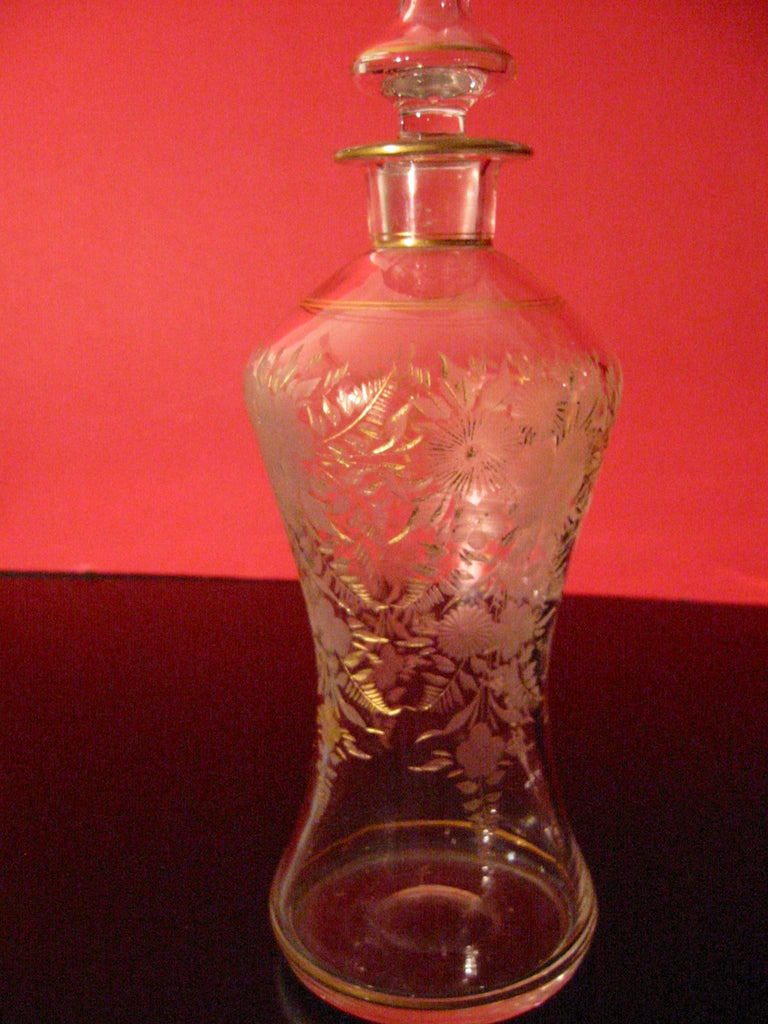 Bohemian Apothecary Glass Decanter Mouth Blown Painted Gold Etched Flowers - Designer Unique Finds 
 - 1